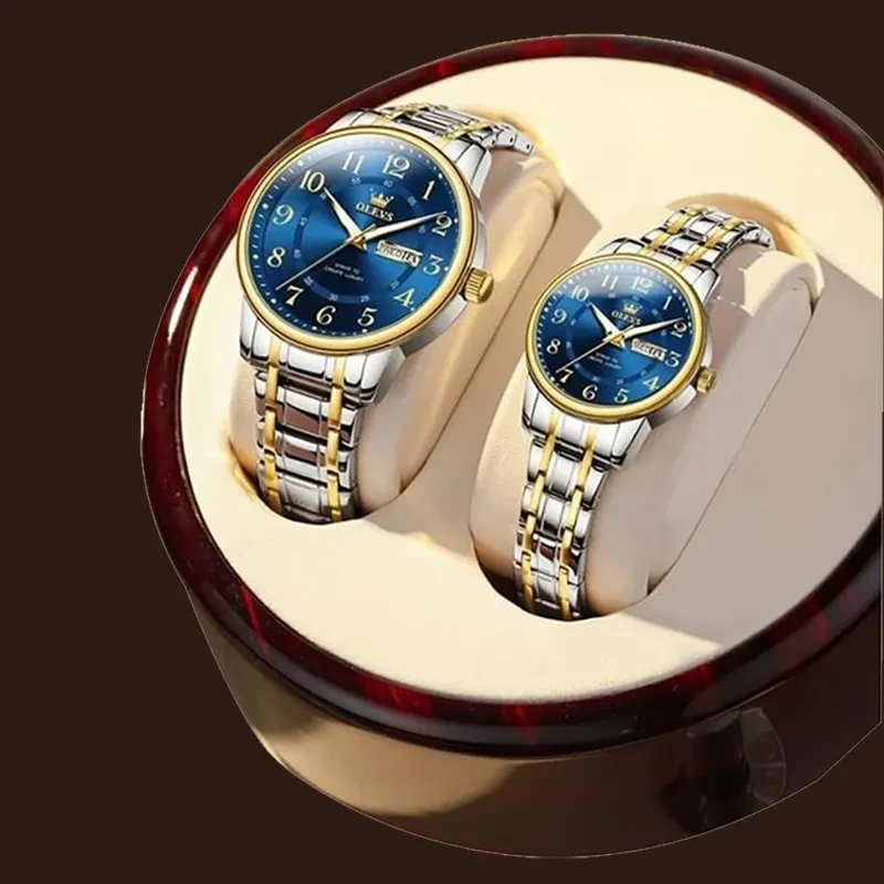 Olevs Black Blue Dial Two-tone Luminous Couple Watch- 2891